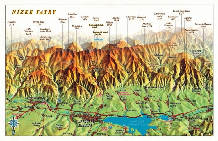 Niżne Tatry, część zachodnia. Mapa panoramiczna z efektem 3D w formie pocztówki