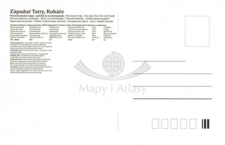 Tatry Zachodnie - Rohacze. Mapa panoramiczna z efektem 3D w formie pocztówki. Druga strona