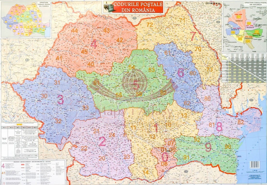 Rumunia 1:800 000. Mapa ścienna. Kody pocztowe