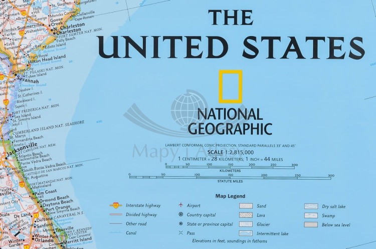 USA / Stany Zjednoczone 1:2 815 000. Mapa ścienna polityczna wydawnictwa National Geographic. Legenda