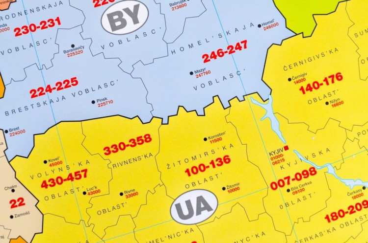 Europa. Mapa ścienna z kodami pocztowymi wydawnictwa Way-OK. Podgląd fragmentu mapy.