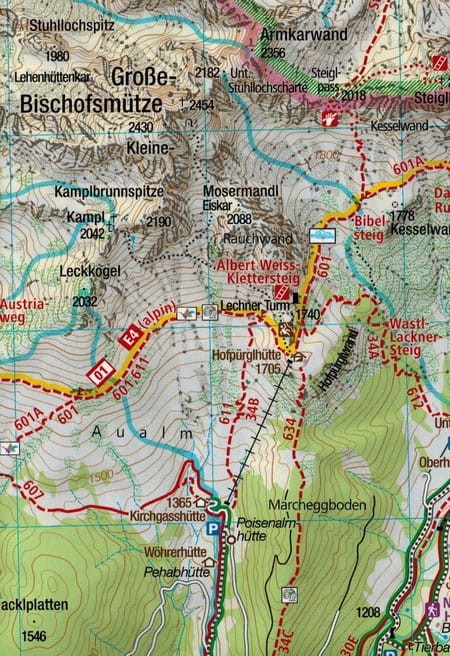 Der Dachstein, Filzmoos,Ramsau. Wodooporna mapa turystyczna 031 wydawnictwa Kompass. Fragment 2