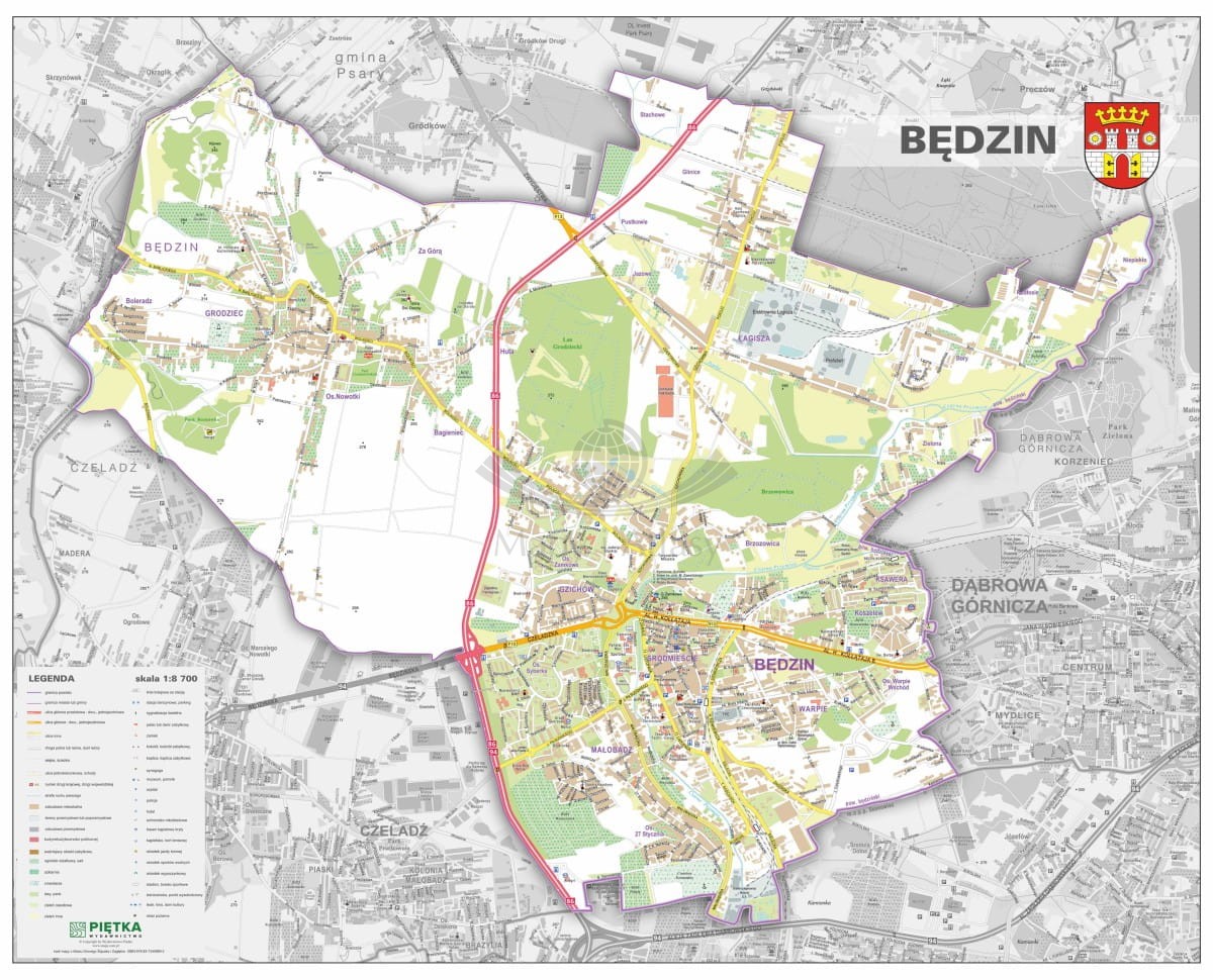 Będzin 1:8 700. Mapa ścienna / Plan miasta. Wersja STRONG