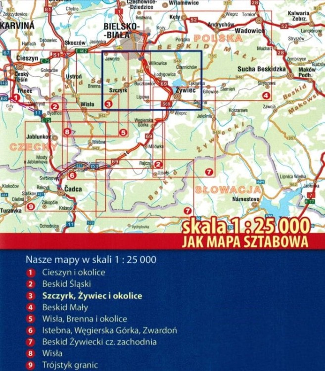 Szczyrk, Żywiec i okolice 1:25 000. Plan miasta / Mapa turystyczna wydawnictwa Galileos. Zasięg