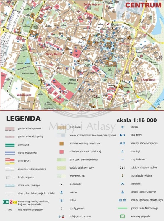 Poznań 1:16 000. Mapa ścienna.  Mapa centrum + legenda