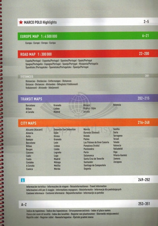 Hiszpania i Portugalia 1:300 000. Atlas samochodowo-turystyczny wydawnictwa Marco Polo. Spis treści