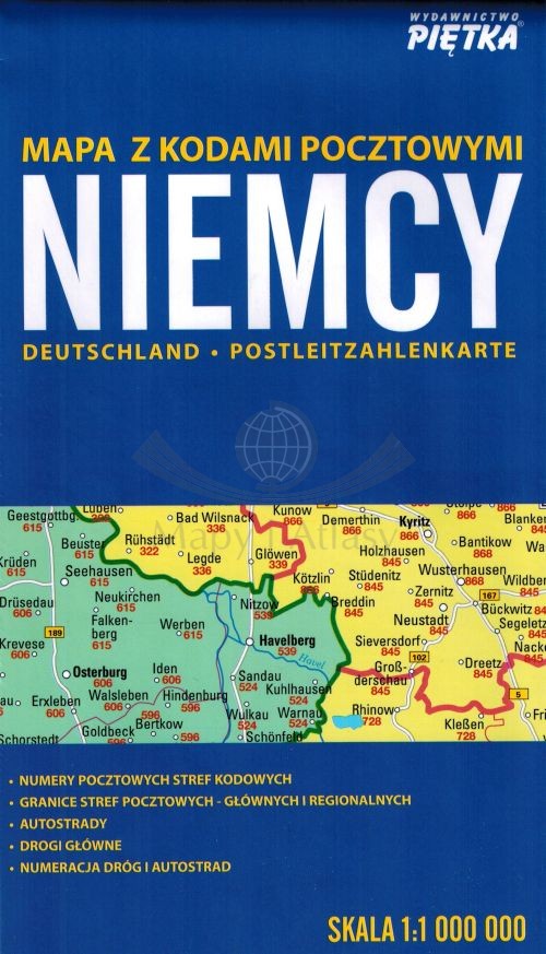 Niemcy 1:1 000 000. Laminowana mapa składana. Kody pocztowe. Piętka