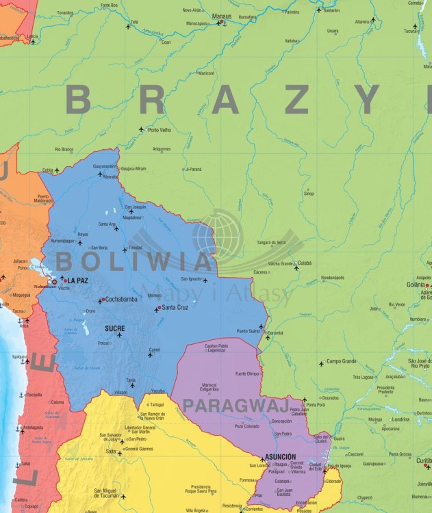 Ameryka Południowa. Mapa polityczna w formie fototapety samoprzylepnej.  Fragment
