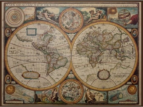 Świat z 1651 roku. Mapa antyczna w ramie drewnianej