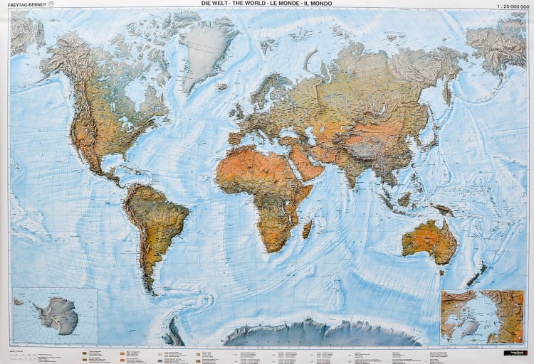 Świat 1:25 000 000. Mapa ścienna fizyczna w wersji do wpinania wydawnictwa Freytag & Berndt