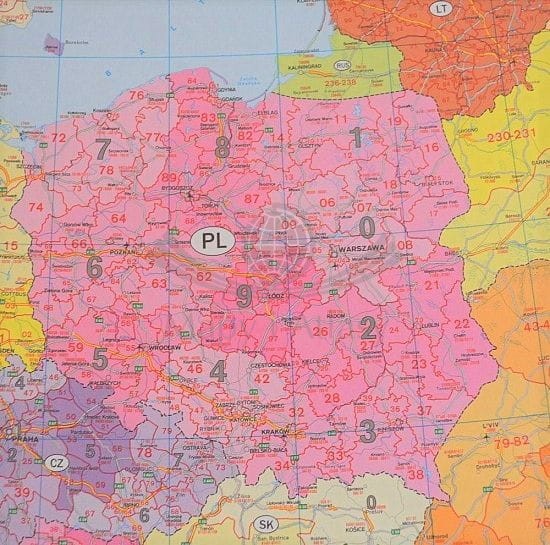 Europa 1:3 700 000. Mapa w ramie drewnianej. Kody pocztowe. Wydawnictwo: Freytag & Berndt. Fragment 6
