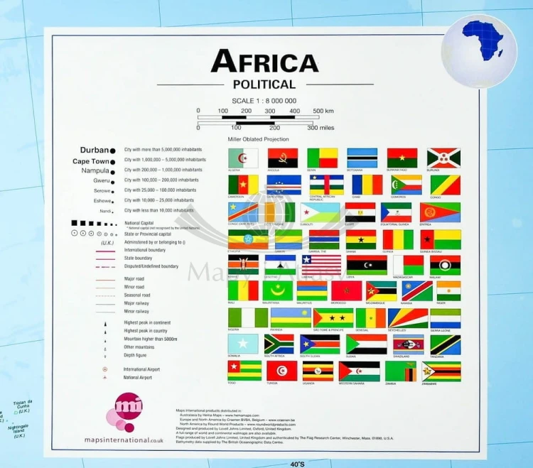 Afryka 1:8 000 000. Mapa polityczna w ramie drewnianej wydawnictwa Maps International. Legenda