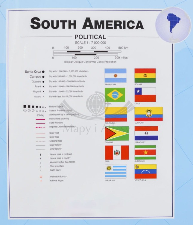 Ameryka Południowa 1:7 000 000. Arkusz, mapa ścienna polityczna wydawnictwa Maps International. Legenda