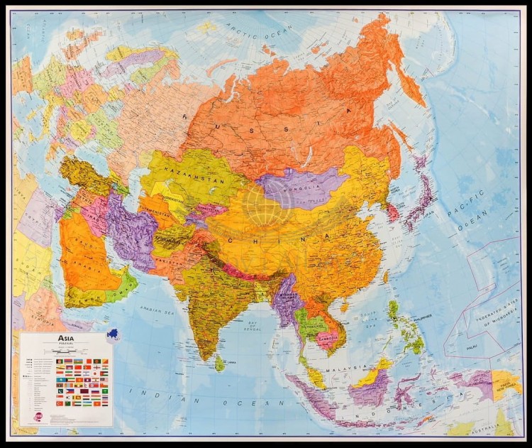 Azja 1:11 000 000. Mapa polityczna w ramie drewnianej wydawnictwa Maps International
