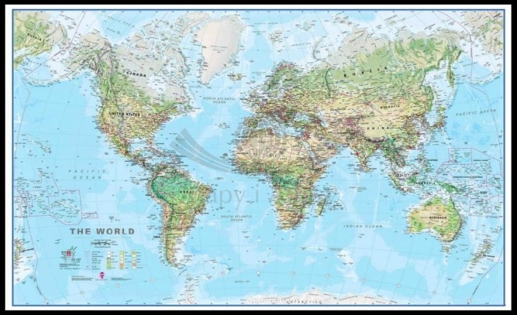 Świat 1:30 000 000. Mapa fizyczna z elementami środowiska w ramie drewnianej. Wydawnictwo: Maps International
