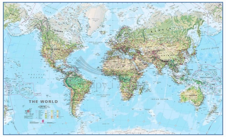 Świat 1:30 000 000. Arkusz, mapa ścienna fizyczna z elementami środowiska. Wydawnictwo: Maps International