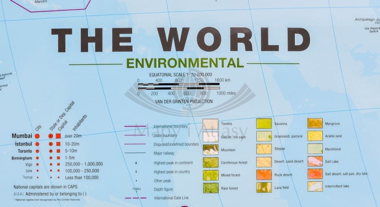 Świat 1:30 000 000. Arkusz, mapa ścienna fizyczna z elementami środowiska. Wydawnictwo: Maps International. Legenda