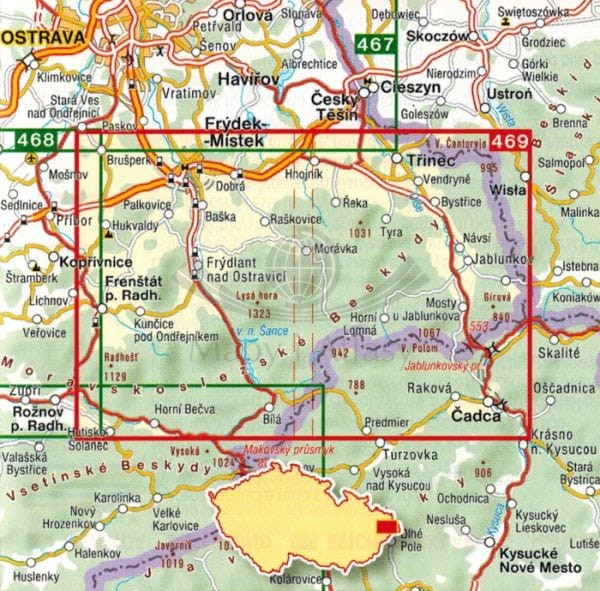 Beskid Śląsko-Morawski / Moravskoslezske Beskydy. Mapa turystyczna 469 + Miniprzewodnik wydawnictwa Shocart. Zasięg