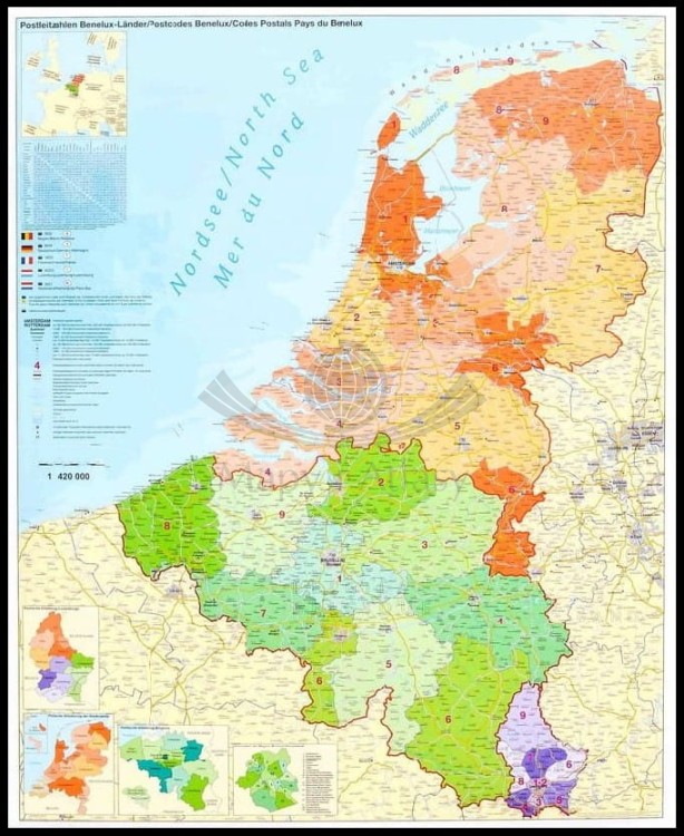 Beneluks 1:420 000. Belgia, Holandia, Luksemburg. Mapa administracyjna z kodami pocztowymi w ramie drewnianej. Wydawnictwo: Stiefel