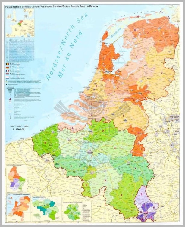 Beneluks 1:420 000. Belgia, Holandia, Luksemburg. Mapa administracyjna z kodami pocztowymi w wersji do wpinania. Wydawnictwo: Stiefel