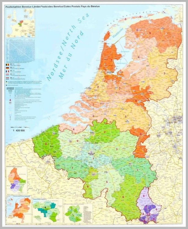 Beneluks 1:420 000. Belgia, Holandia, Luksemburg. Mapa administracyjna z kodami pocztowymi w wersji magnetycznej. Wydawnictwo: Stiefel