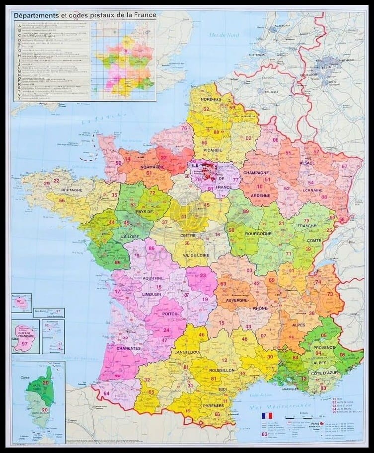 Francja 1:1 000 000. Mapa administracyjna w ramie drewnianej. Kody pocztowe. ST