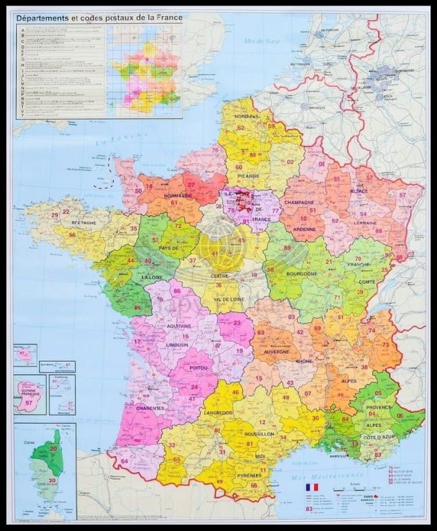 Francja 1:1 000 000. Mapa administracyjna z kodami pocztowymi w ramie drewnianej. Wydawnictwo: Stiefel