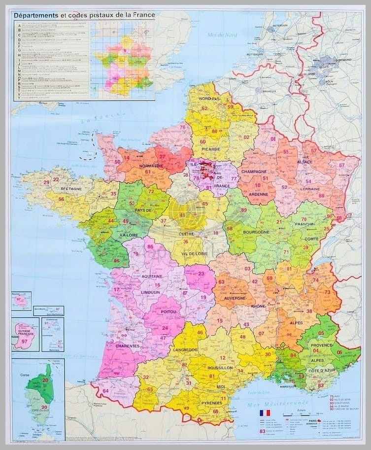 Francja 1:1 000 000. Mapa administracyjna. Kody pocztowe. Wersja do wpinania. ST
