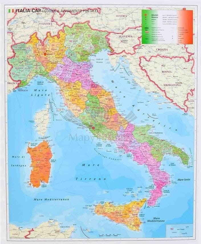 Włochy 1:1 000 000. Arkusz, mapa ścienna administracyjna. Kody pocztowe