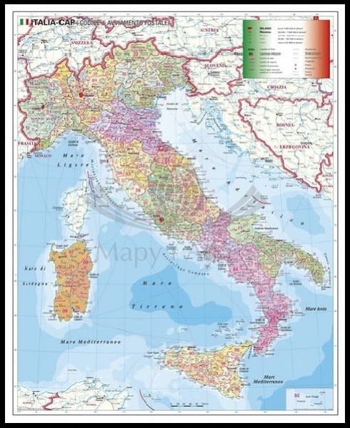 Włochy 1:1 000 000. Mapa administracyjna w ramie drewnianej. Kody pocztowe. ST