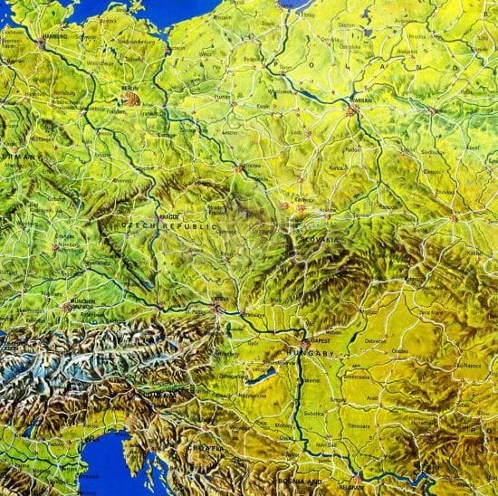 Europa. Mapa fizyczna, panorama w ramie drewnianej. Wydawnictwo: Stiefel. Fragment 3