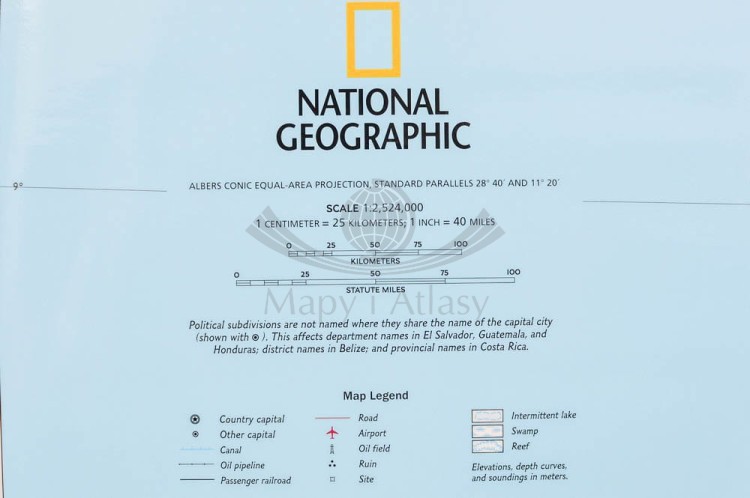 Ameryka Środkowa (Centralna). Arkusz, mapa ścienna polityczna wydawnictwa National Geographic. Legenda