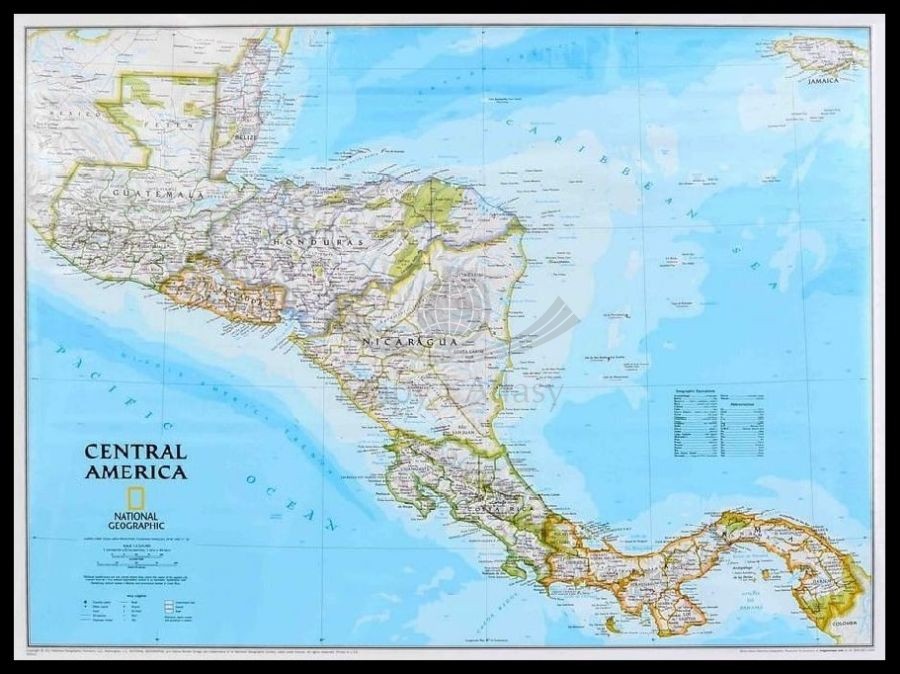 Ameryka Środkowa (Centralna). Mapa polityczna w ramie drewnianej. National Geographic