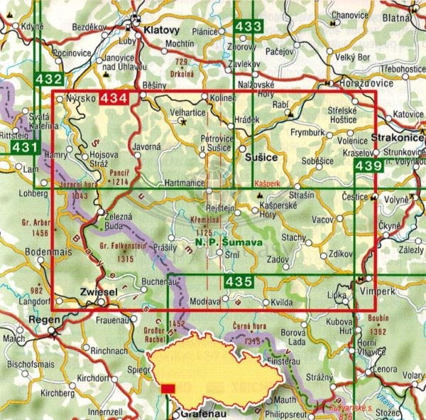 Szumawa / Sumava - Zeleznorudsko, Povydri, Churanov. Mapa turystyczna 434 wydawnictwa Shocart. Zasięg