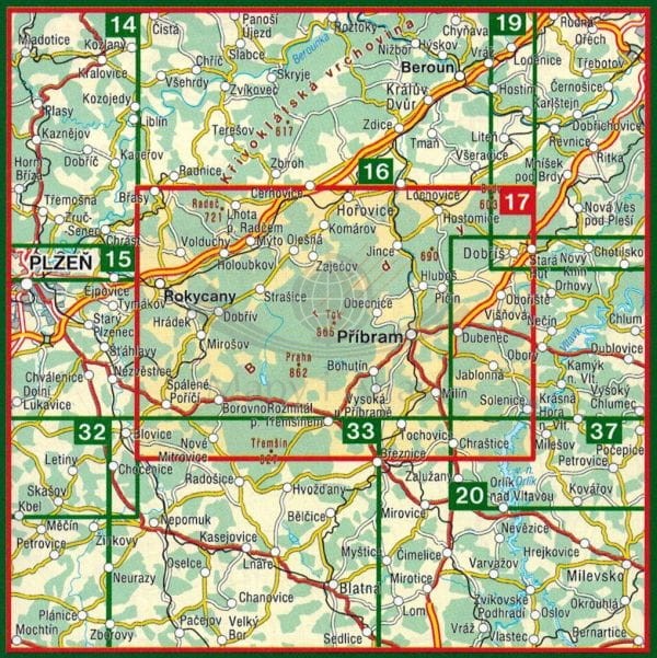 Okolice Przybramu / Brdy, Pribramsko, Rokycansko. Mapa turystyczna 17 wydawnictwa Shocart. Zasięg