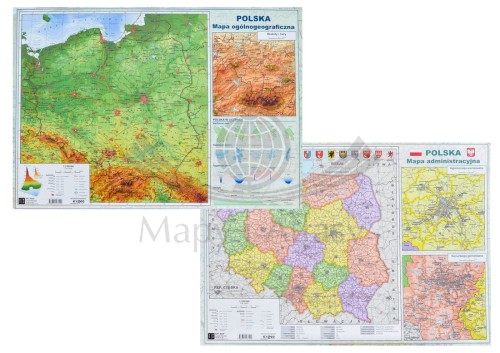 Polska. Mapa fizyczna i administracyjna. Podkładka na biurko. Dwie strony