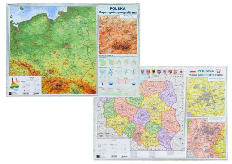 Polska. Mapa fizyczna i administracyjna. Podkładka na biurko. Dwie strony