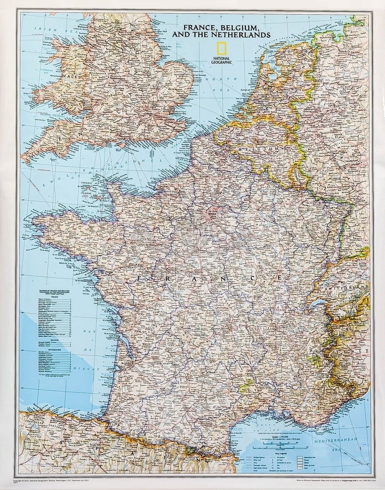 Francja, Belgia, Holandia, Anglia, Walia 1:1 953 000. Arkusz, mapa ścienna polityczna. National Geographic