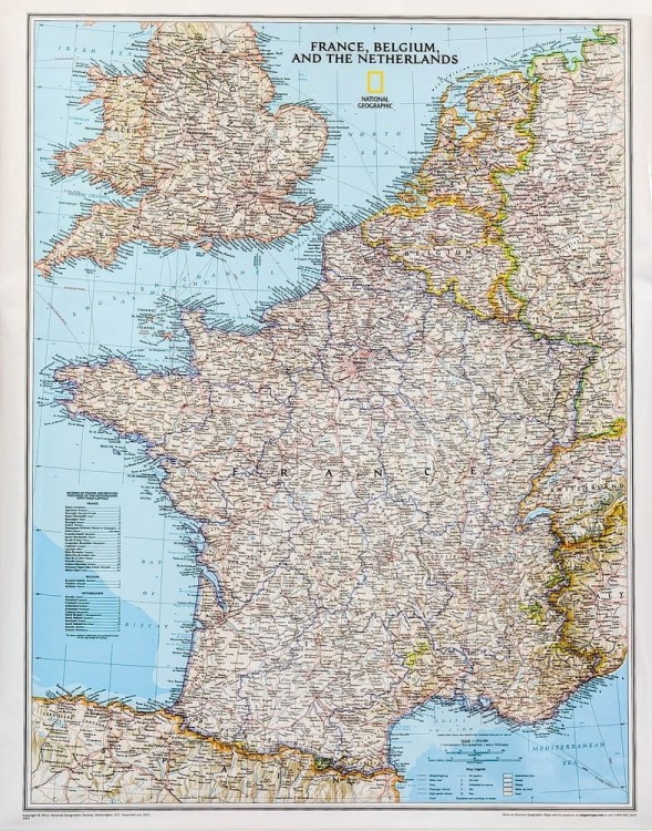 Francja, Belgia, Holandia, Anglia, Walia 1:1 953 000. Arkusz, mapa ścienna polityczna. Wydawnictwo: National Geographic
