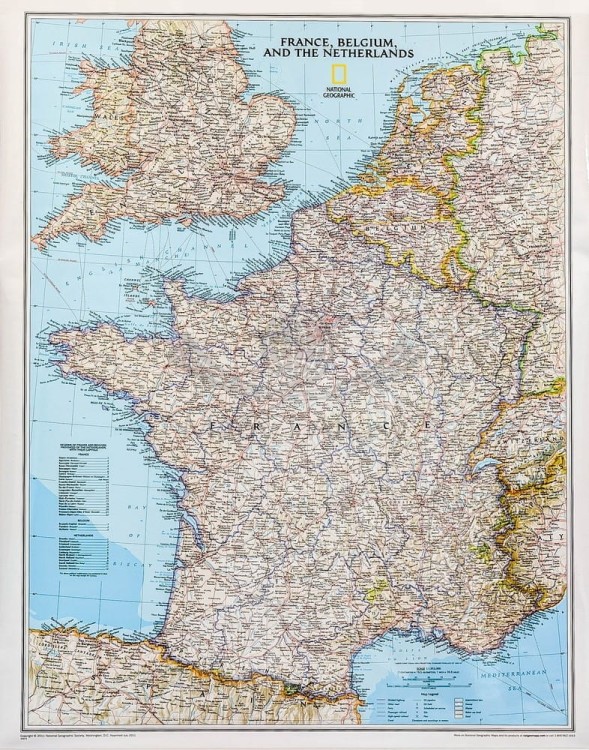 Francja, Belgia, Holandia, Anglia, Walia 1:1 953 000. Mapa polityczna w ramie drewnianej. Wydawnictwo: National Geographic