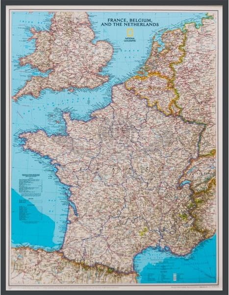 Francja, Belgia, Holandia, Anglia, Walia 1:1 953 000. Mapa polityczna w ramie drewnianej. Wydawnictwo: National Geographic