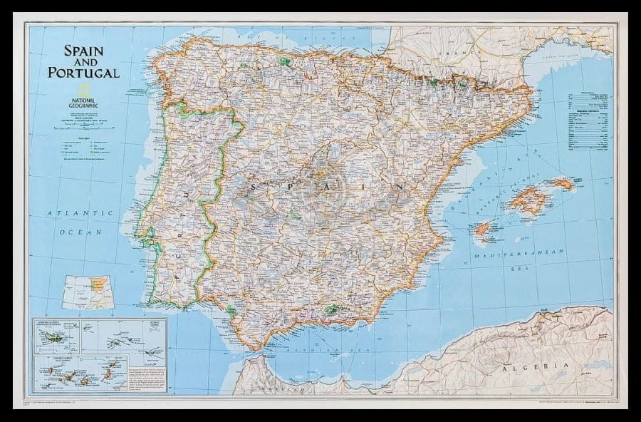 Hiszpania i Portugalia  1:2 074 000. Mapa w ramie drewnianej. National Geographic