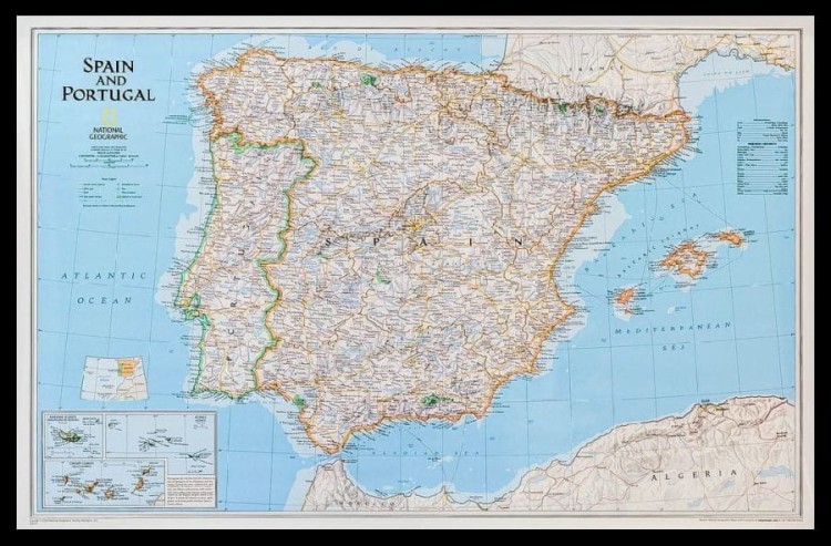 Hiszpania i Portugalia 1:2 074 000. Mapa w ramie drewnianej. Wydawnictwo: National Geographic