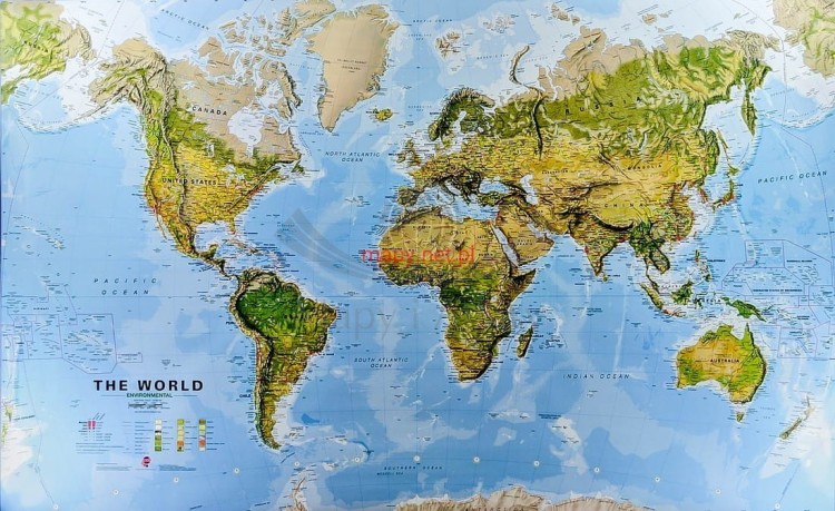 Świat 1:20 000 000. Mapa fizyczna z elementami środowiska. Rama alu SLIM