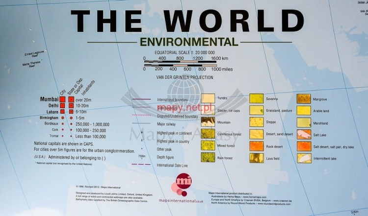 Świat 1:20 000 000. Mapa fizyczna z elementami środowiska. Rama alu SLIM. Legenda