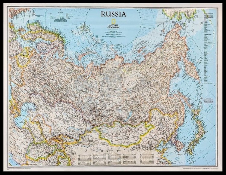 Rosja 1:12 617 000. Mapa w ramie drewnianej. Kazachstan, Mongolia, Afganistan, Uzbekistan, Kirgistan, Tajikistan, Turkmenistan. Wydawnictwo: National Geographic
