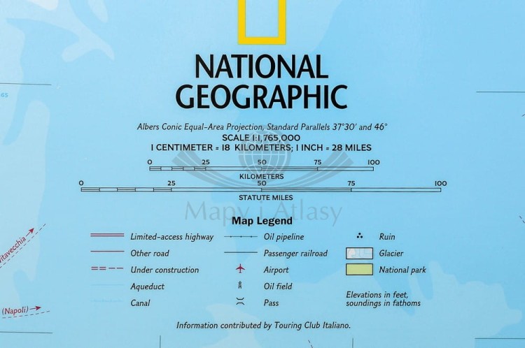 Włochy 1:1 765 000. Mapa w ramie drewnianej wydawnictwa National Geographic. Legenda