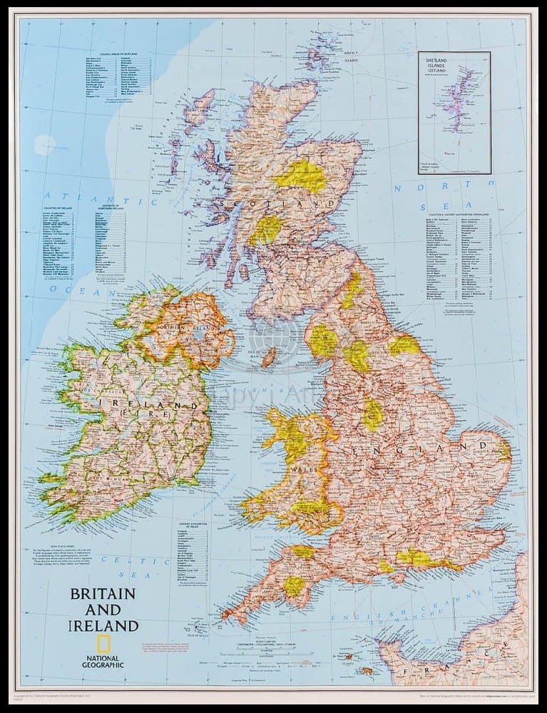 Wielka Brytania i Irlandia  1:1 687 000. Mapa w ramie drewnianej. National Geographic