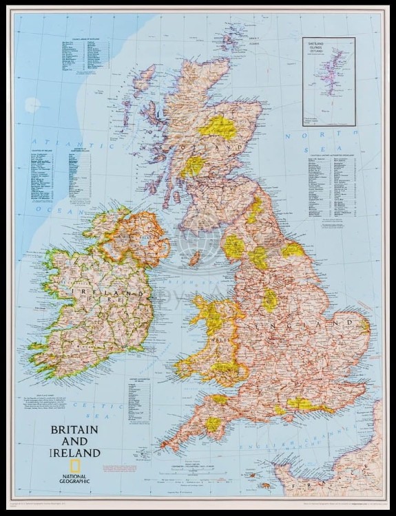Wielka Brytania i Irlandia 1:1 687 000. Mapa w ramie drewnianej wydawnictwa National Geographic