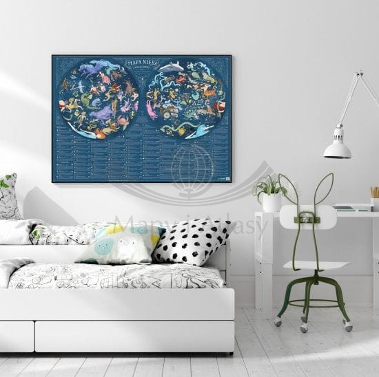 Niebo Młodego Odkrywcy. Arkusz, mapa ścienna dla dzieci. Wydawnictwo: ArtGlob. Przykład oprawy i aranżacji